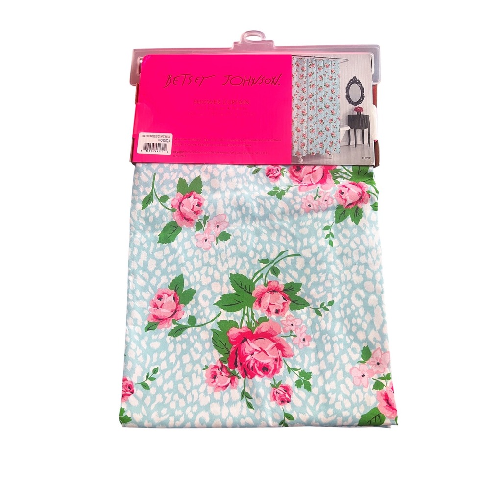 Betsey Johnson Shower Curtain Floral Rose Leopard Print Blue Pink 72x72 NEW
